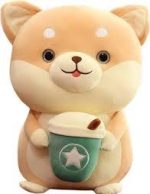 Shiba Inu Plush Toy with Boba Tea and Coffee Cup  - Ultra-Soft Stuffed Dog Soft Toy