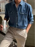 Men’s Vintage Denim Shirt – Korean Hong Kong Style Casual Long Sleeve Overshirt - Image 2