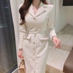 Chic Fusion: Korean-French Suit Collar Tweed Dress with Metal Detail – Slimming Elegance in a Long Skirt! - Image 8