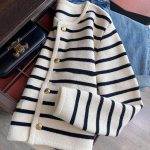 Black and White Striped Knit Cardigan Short Button Up Sweater Jacket - Image 4