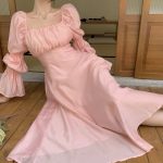 French style beautiful back puff sleeve square neck design strap A-line long dress - Image 12