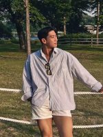 Men’s Vintage Striped Work Shirt – Loose Fit American Style Long Sleeve Pocket Shirt - Image 4