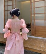 French style beautiful back puff sleeve square neck design strap A-line long dress - Image 13