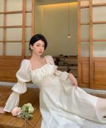 French style beautiful back puff sleeve square neck design strap A-line long dress - Image 14