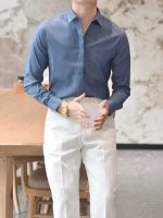 Men’s Wrinkle-Resistant Striped Shirt – Korean Style Hidden Button Smart Casual Dress Shirt - Image 3