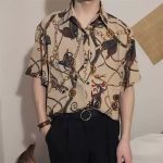 Men’s Vintage Chain Print Short Sleeve Shirt – Loose Fit Hong Kong Style Casual Top