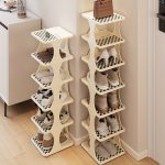 Vertical Plastic Shoe Rack Organizer, Slim Floor Mount Tower Shelf for Entryway and Bedroom, Space-Saving Bracket Shelf for Various Room Types