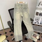 Men's Yellow Mud Washed Straight-Leg Jeans – Vibe Streetwear Loose Fit Distressed Denim - Image 5