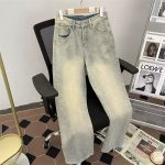 Men's Yellow Mud Washed Straight-Leg Jeans – Vibe Streetwear Loose Fit Distressed Denim