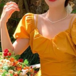 French V-neck  puff sleeve mustard off-shoulder long Dress - Image 10