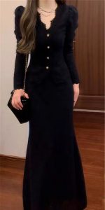 French Black Knit Dress Set for Women – Elegant Outfit for Petite Fit - Image 4