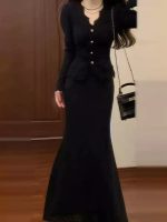 French Black Knit Dress Set for Women – Elegant Outfit for Petite Fit - Image 3