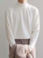 Men’s Loose Fit Half Turtleneck Long Sleeve Tee – Korean Style Solid Color Base Layer Top - Image 3