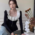 Korean Contrast Color Ruffle Button Sweater – Slim Fit French Style Top for Women